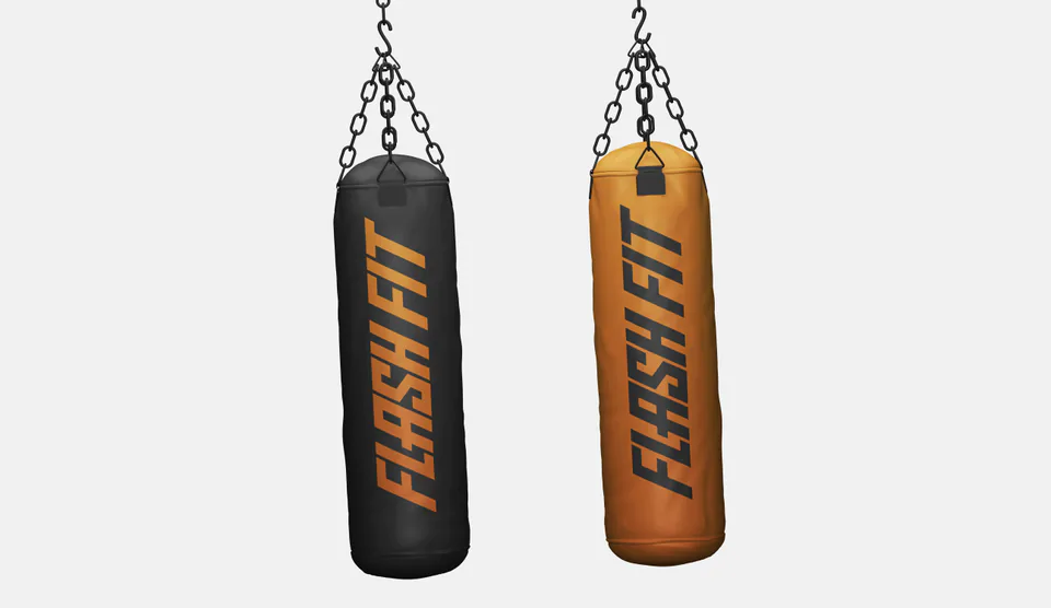 Two Flash Fit punching bags in black and orange